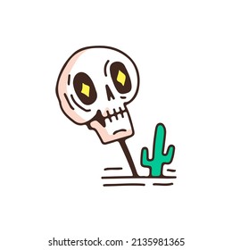 Desert skull head and cactus, illustration for t-shirt, street wear, sticker, or apparel merchandise. With retro, and cartoon style.