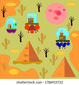 A desert with small Islands where people live.Global warming on earth.