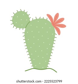 Desert spiny plant. Cute cactus with flower. Hand drawn colored flat vector illustration isolated on white background.