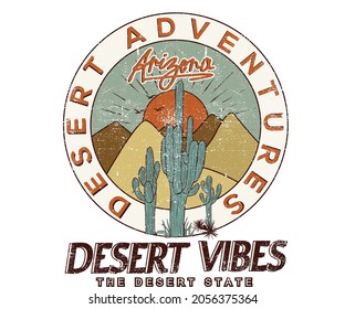 Desert state retro artwork print design for apparel, t shirt, sticker, poster, wallpaper and others.  Desert adventure vector graphic design.