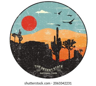 Desert state retro graphic artwork for t shirt and others. Mountain with cactus vintage hand sketch print design. 