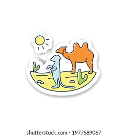 Desert sticker icon. Camel and suricat on desert landscape. Cactus, sun, summer badge for designs. Wild nature, animals. Biodiversity vector emblem