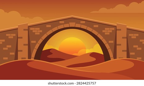 Desert Stone Arch Bridge at Sunset Landscape Vector Background