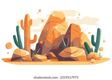 desert stone with cactus flat vector