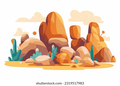 desert stone with cactus flat vector