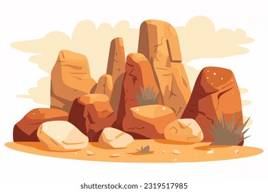 desert stone with cactus flat vector