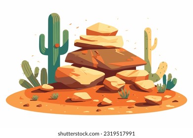 desert stone with cactus flat vector