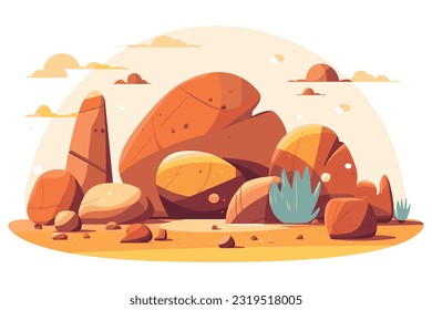 desert stone with cactus flat vector