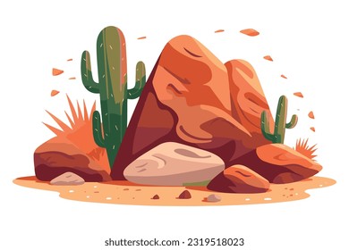 desert stone with cactus flat vector