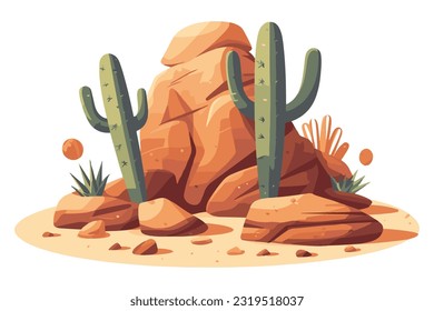 desert stone with cactus flat vector