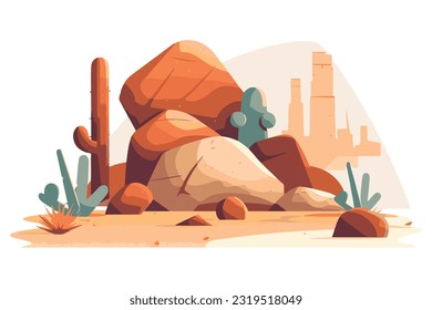 desert stone with cactus flat vector