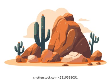 desert stone with cactus flat vector