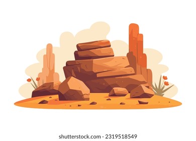 desert stone with cactus flat vector