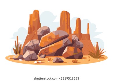 desert stone with cactus flat vector