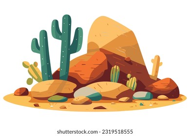 desert stone with cactus flat vector