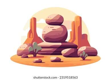 desert stone with cactus flat vector