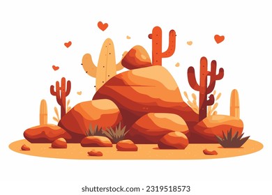 desert stone with cactus flat vector