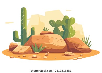 desert stone with cactus flat vector