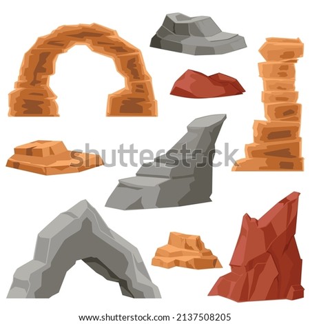 Desert stones arches and heaps, flat vector illustration isolated on white background. Mountains, cliffs and desert rocks nature elements of various shapes.