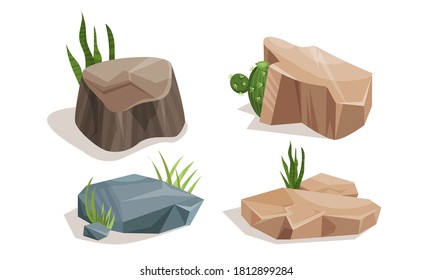 Desert Stones or Boulders with Cactus and Succulent Plant Vector Set