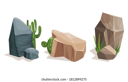 Desert Stones or Boulders with Cactus Vector Set