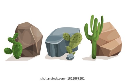 Desert Stones or Boulders with Cactus Vector Set