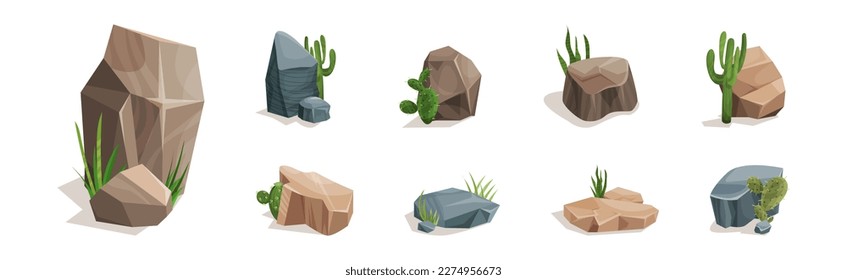 Desert Stones or Boulders with Cactus Vector Set