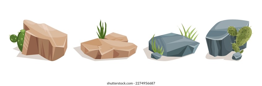 Desert Stones or Boulders with Cactus Vector Set