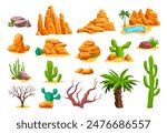 Desert stones cactus. Cartoon desertic landscape formation, africa safari vegetation sand dune oasis elements tumbleweed rock mountain canyon, western ingenious vector illustration