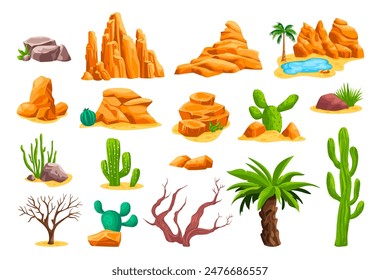 Desert stones cactus. Cartoon desertic landscape formation, africa safari vegetation sand dune oasis elements tumbleweed rock mountain canyon, western ingenious vector illustration