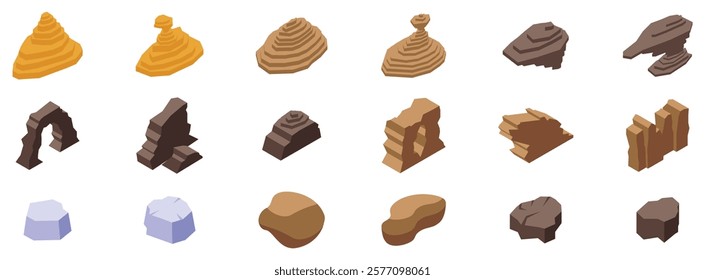  Desert stones icons set. Isometric rock formations showcasing diverse shapes and textures, ideal for geology projects or nature themed designs