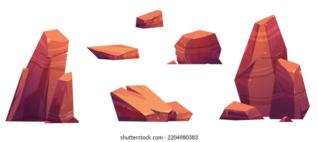 Desert stones, mountain rock lumps and pieces. Natural geological materials, textures for pc game formation ui or gui elements isolated on white background, Cartoon vector illustration, icons set