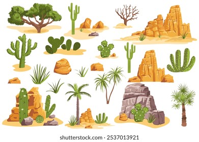 Desert stones and plants mega set elements in flat graphic design. Collection objects of different trees, cactus, palms and rock mountains for wildlife African landscape scenes. Vector illustration.