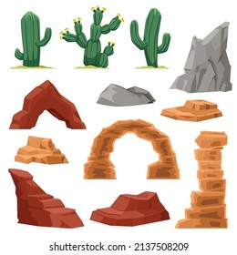 Desert Stones And Plants Set, Flat Vector Illustration Isolated On White Background. Stone Arches And Rocks Of Desert Or Canyon With Cactuses Clipart Bundle.