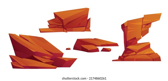Desert stones, rock elements of mountains, cliff or canyon in Africa, Mexico, Arizona or Texas. Vector cartoon set of brown orange rubbles, rough boulders, sandstone isolated on white background