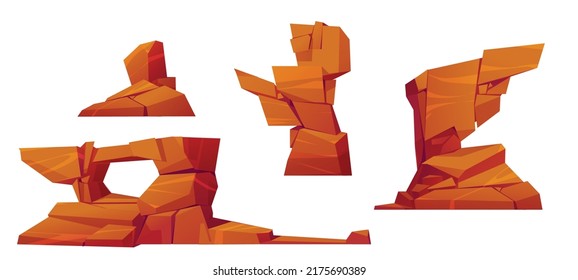 Wüstensteine, Felsformationen von Bergen, Klippen oder Canyons in Afrika, Mexiko, Arizona oder Texas. Vektorcartoon-Set aus braunen Trümmern, raue Boulder, Sandsteinbogen einzeln auf weißem Hintergrund