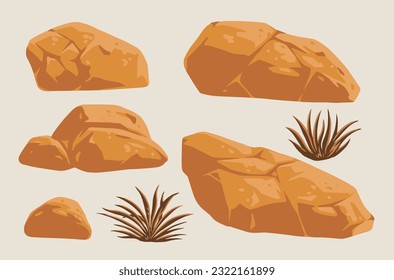 Piedras del desierto establecen elementos coloridos con fragmentos de hierba y roca de la zona de la estepa con diferentes formas y tamaños ilustración vectorial