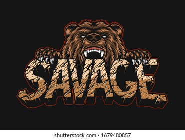 Desert style Savage vintage lettering template with ferocious bear holding word isolated vector illustration