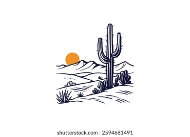 desert summer vibes cactus with sun line art vector illustration