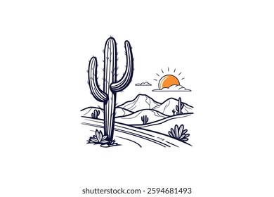 desert summer vibes cactus with sun line art vector illustration