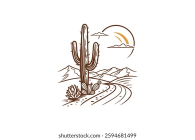 desert summer vibes cactus with sun line art vector illustration