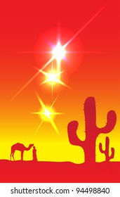 Desert sun, camel, man and cactuses, vector illustration, eps10