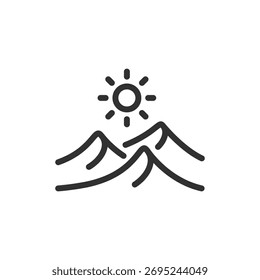 Desert with sun, linear icon. Sand dunes and hot landscape. Line with editable stroke.