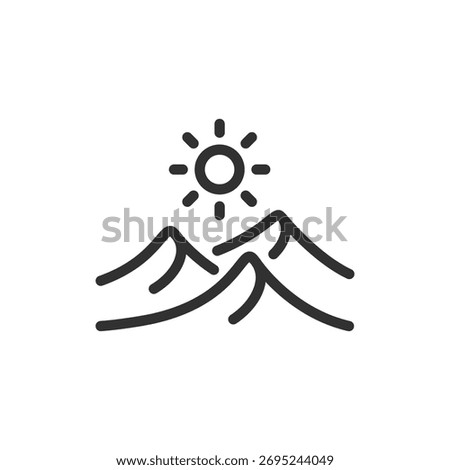 Desert with sun, linear icon. Sand dunes and hot landscape. Line with editable stroke.