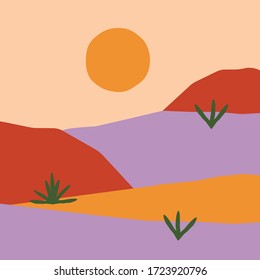 Sol desierto con tres plantas.Ilustración para niños.