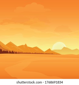 A desert with the sun, views of the mountains and forests, scorching sand. Vector