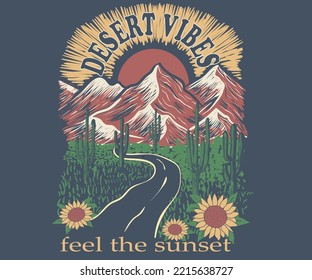 Desert with sunflower vector design. Desert vibes vector graphic print design for apparel, stickers, posters, background and others. Cactus wild road trip vintage artwork.