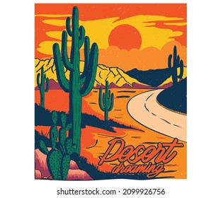 Desert sunrise time retro graphic print design. Desert mountain and cactus artwork for t shirt print, poster, sticker, background and other uses.