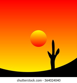 Desert sunset with cactus plants. Vector illustration.