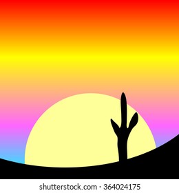 Desert sunset with cactus plants. Vector illustration.